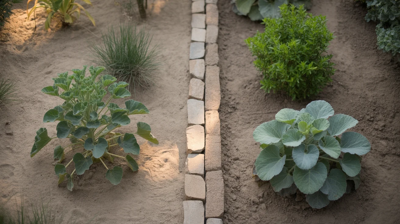 A garden bed with light tan sandy soil on one side of a stone path