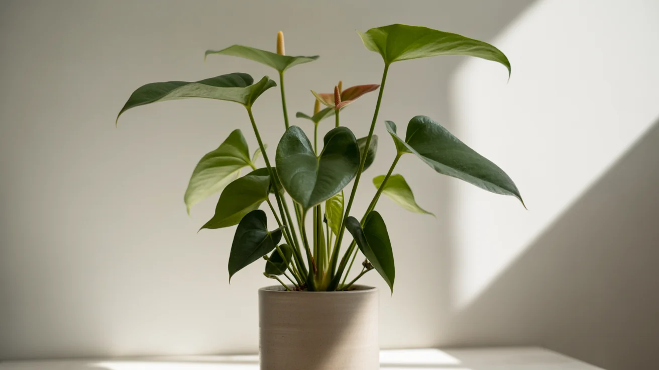 Anthurium with glossy heart-shaped leaves and red spathes in bright indoor light