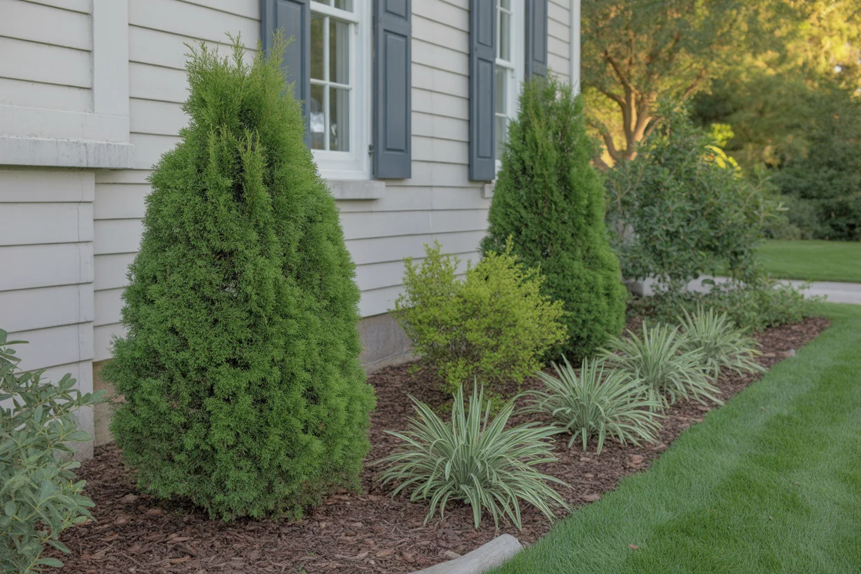 Close view of arborvitae scale-like evergreen foliage on upright hedge branches