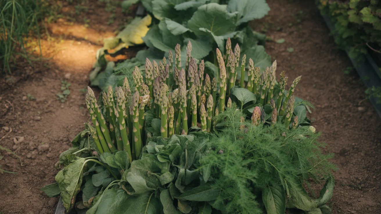 Asparagus spears emerging from a mulched perennial vegetable bed in spring