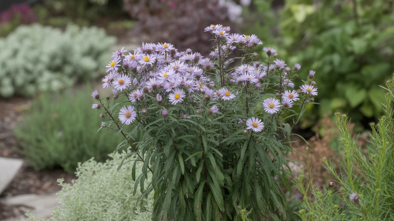 Purple aster flowers blooming on upright stems in a mixed perennial border.