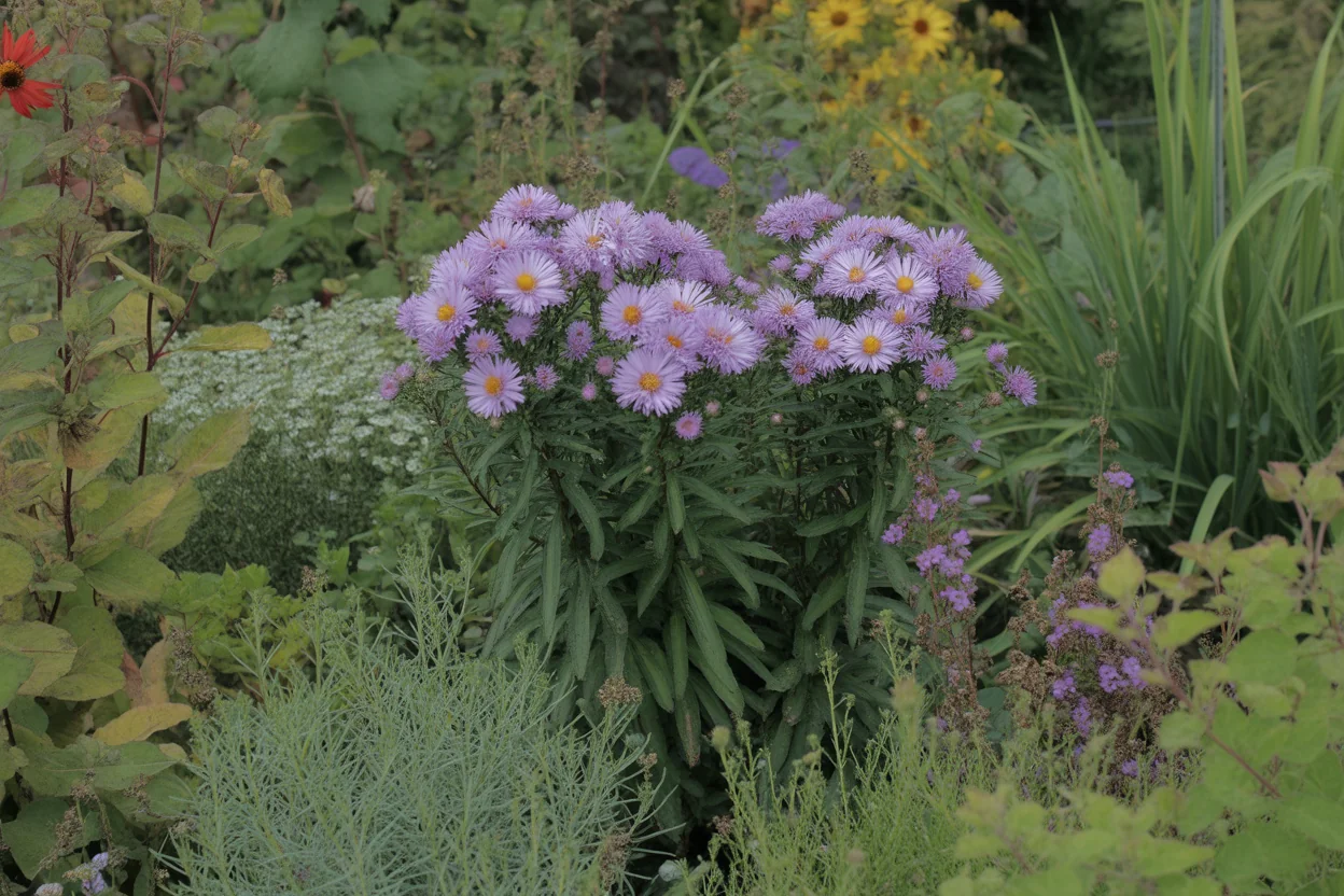 Aster flowers blooming among late-season perennial companions in a garden bed.