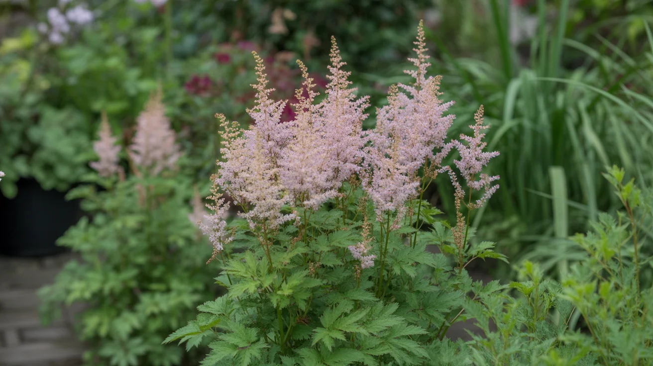 Pink astilbe flower plumes rising above ferny foliage in a shaded garden bed.
