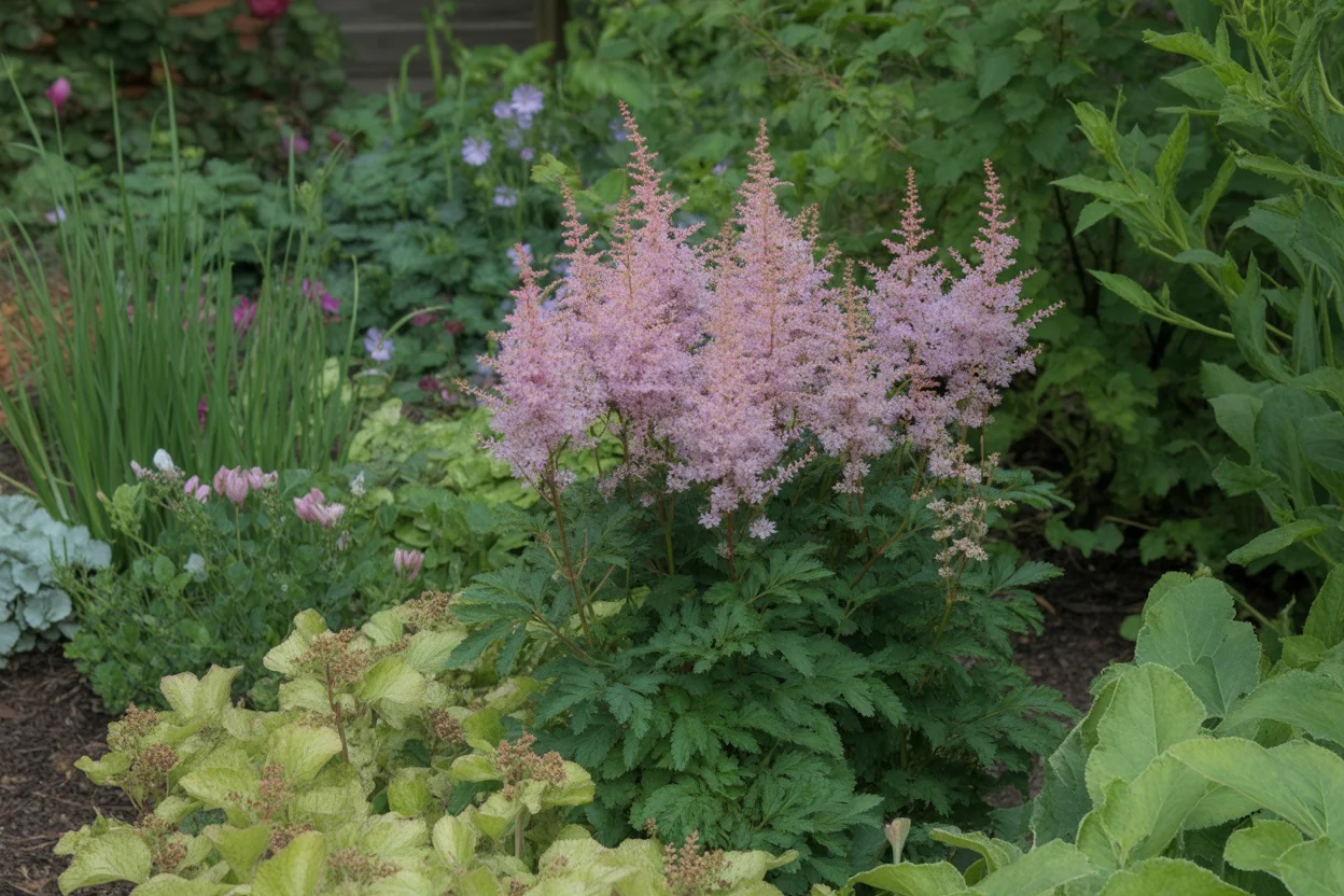 Astilbe blooming among shade-loving perennials in a moist mixed border.