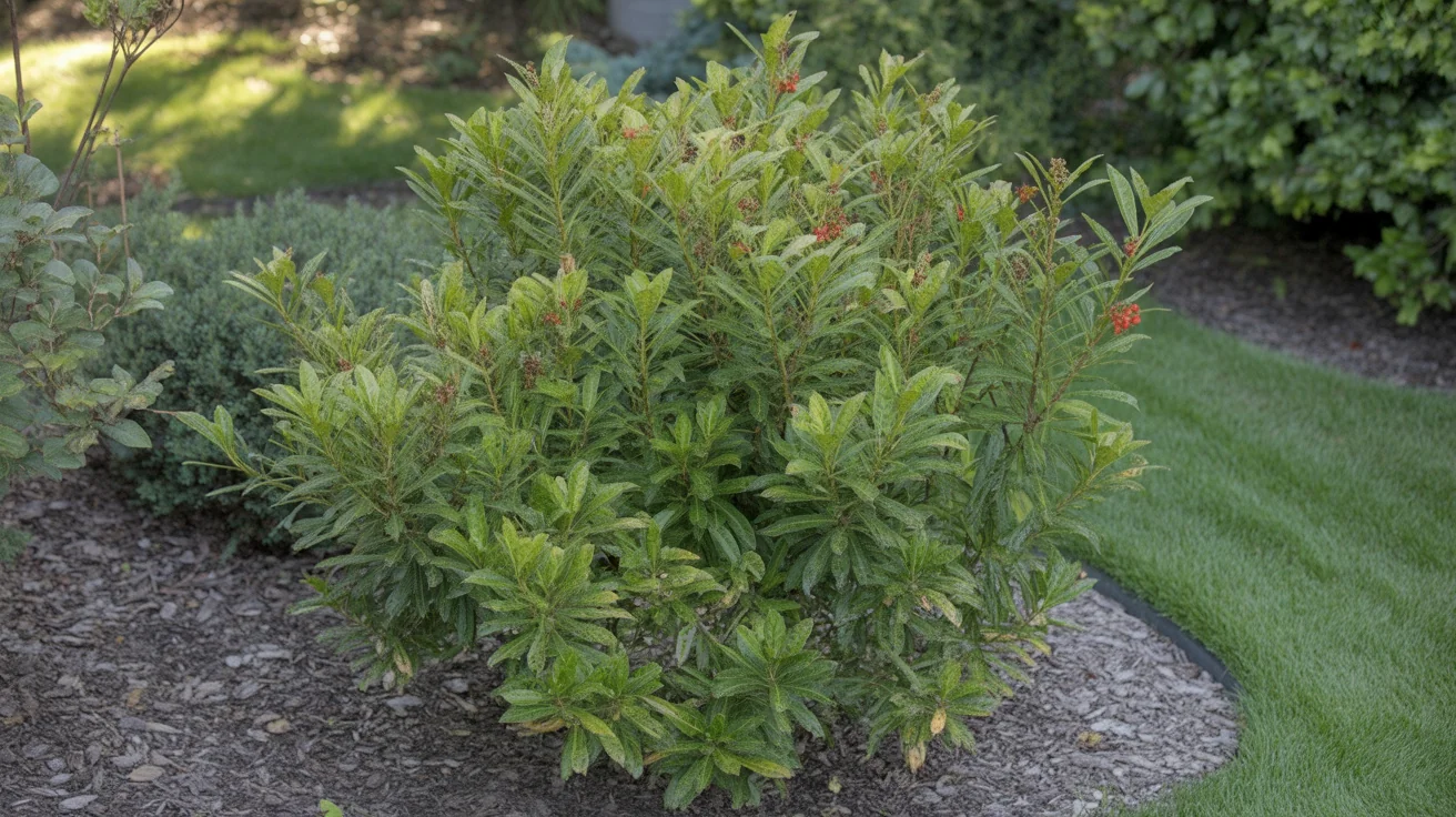 Aucuba japonica shrub with glossy gold-speckled evergreen leaves in shade