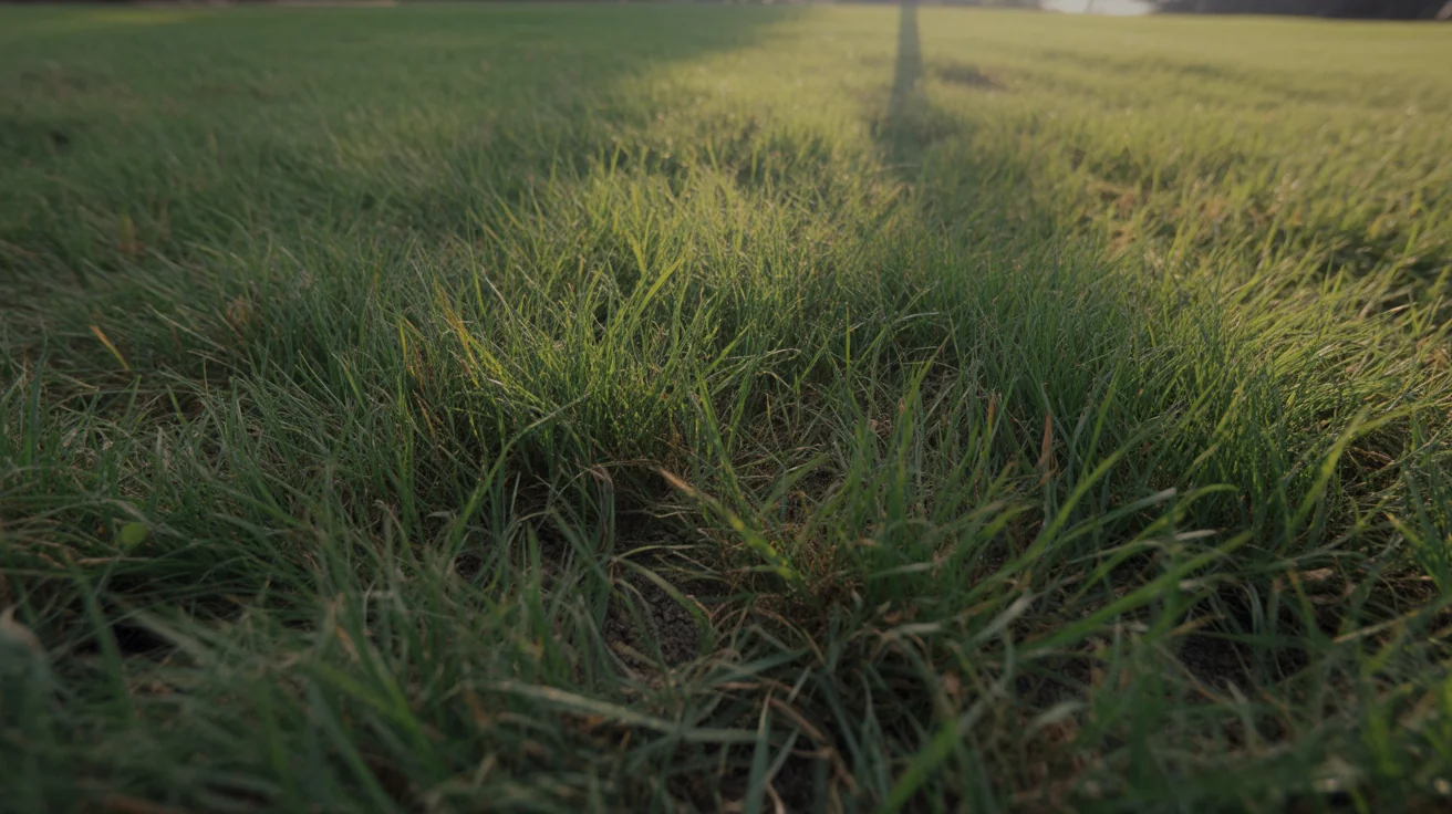 Low view across open bahia grass turf in warm evening light
