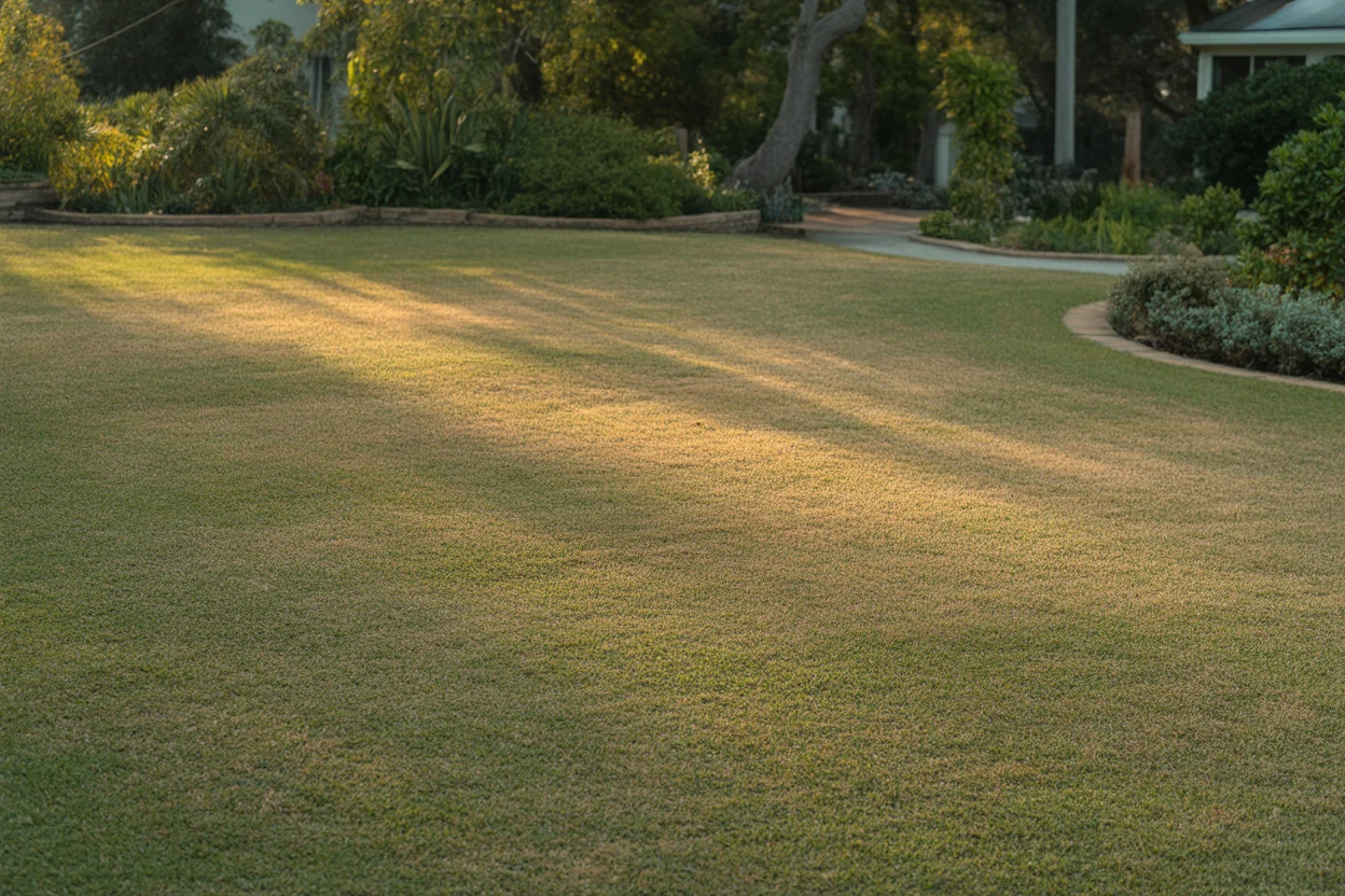 Wide bahia grass lawn with patchy tan and green turf beside planted beds