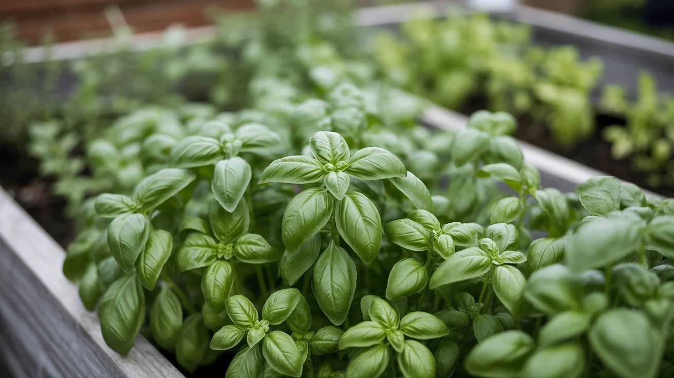 Sweet basil plants with glossy green leaves growing densely in a raised garden bed