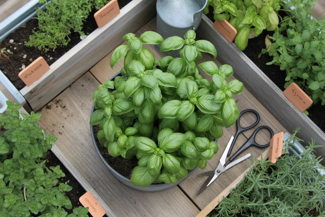 Potted sweet basil beside herb beds, plant labels, a watering can, and harvest shears