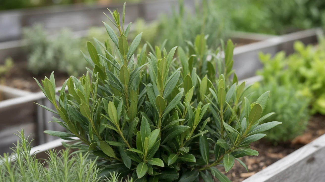 Bay Laurel shrub with glossy evergreen leaves growing in a raised herb bed