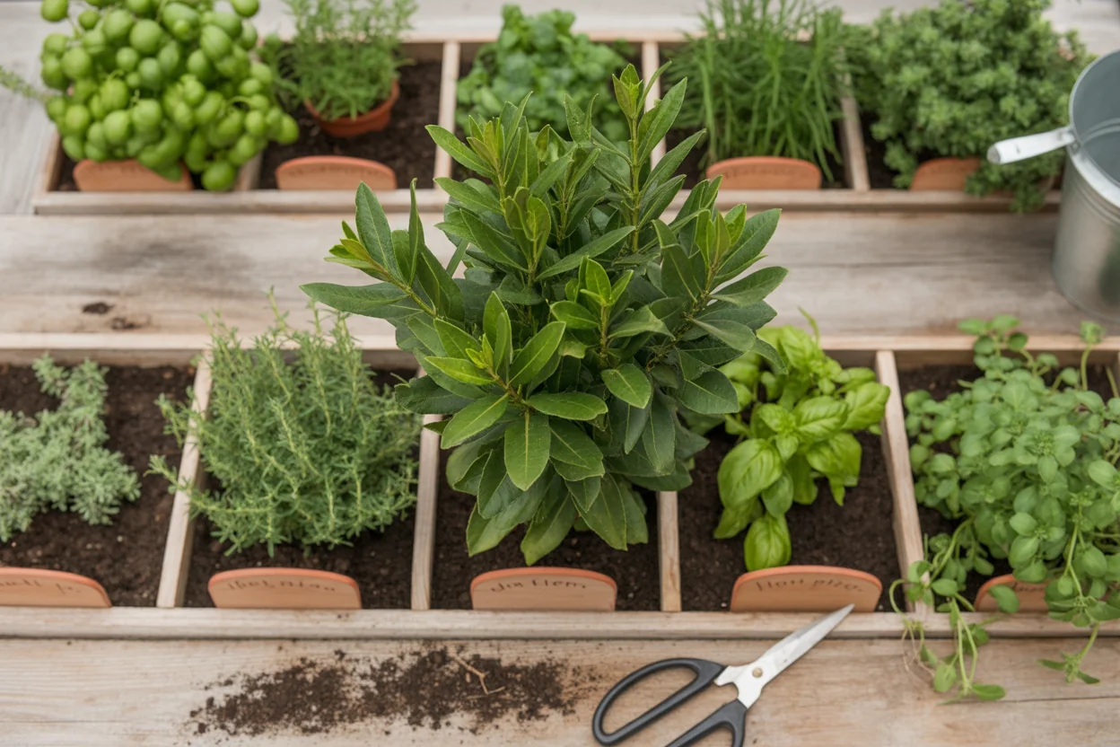 Bay Laurel plant in a divided herb bed beside basil, thyme, rosemary, and garden shears