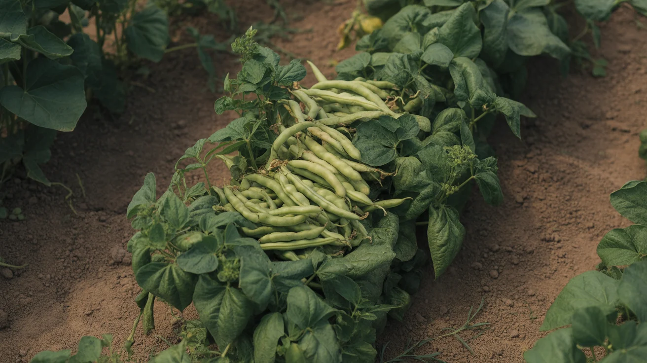 Green bean plants with pods hanging from healthy vines in a sunny vegetable garden