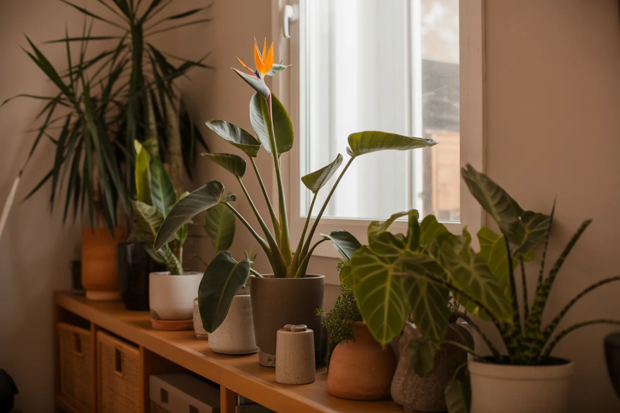 Close view of Bird of Paradise leaf split on a tall indoor stalk