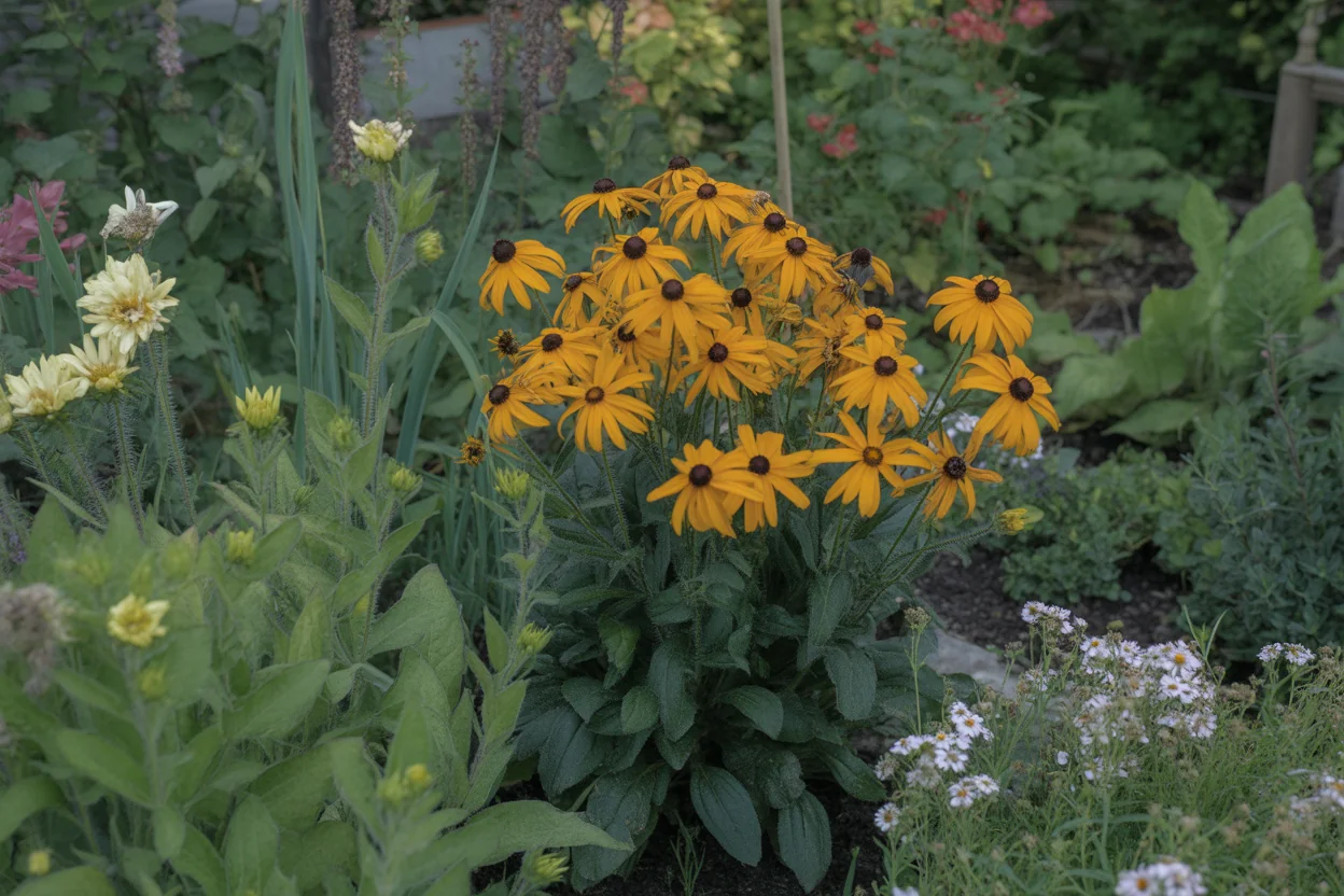 Black Eyed Susan seed heads and yellow flowers mixed through a summer border.