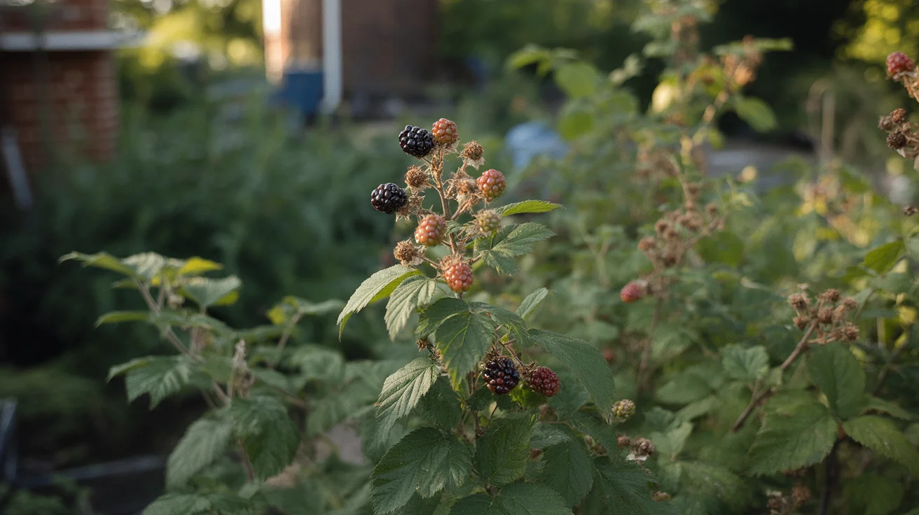 Blackberry canes with berries on a garden trellis
