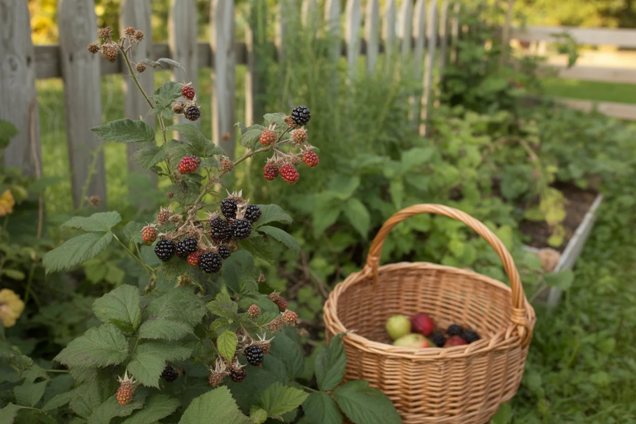 Blackberry bramble growth showing canes, leaves, and fruiting habit