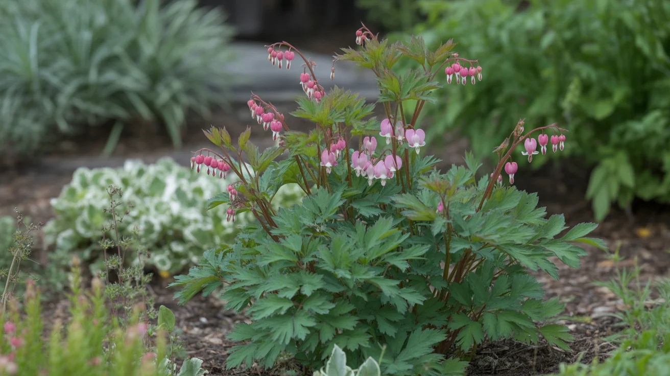 Pink and white Bleeding Heart flowers hanging from arching stems in a shaded bed.