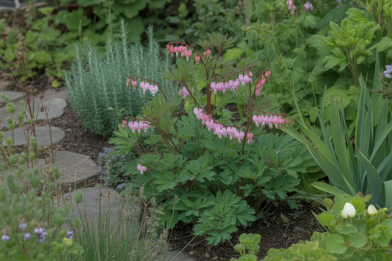 Bleeding Heart foliage fading back beside shade perennials after spring bloom.