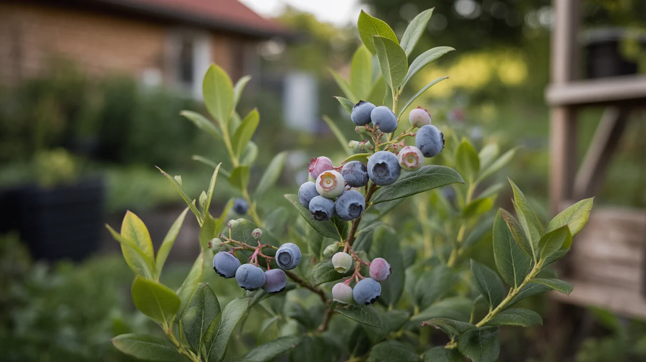 Blueberry shrub with berries and green foliage