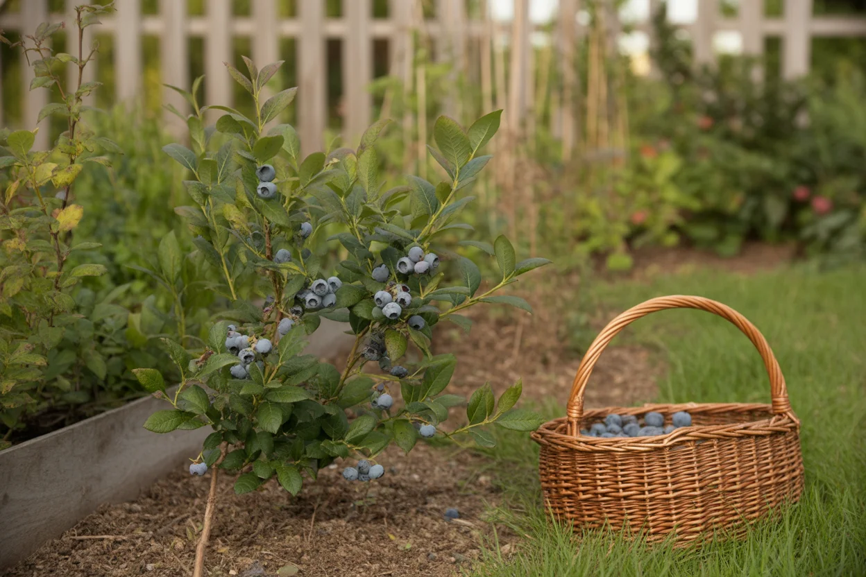 Blueberry plant detail showing shallow shrub growth and fruit clusters