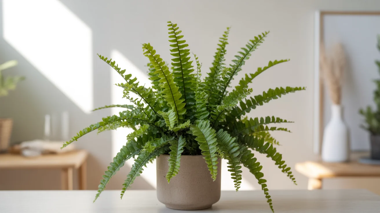 Boston Fern with full arching green fronds in a hanging indoor basket