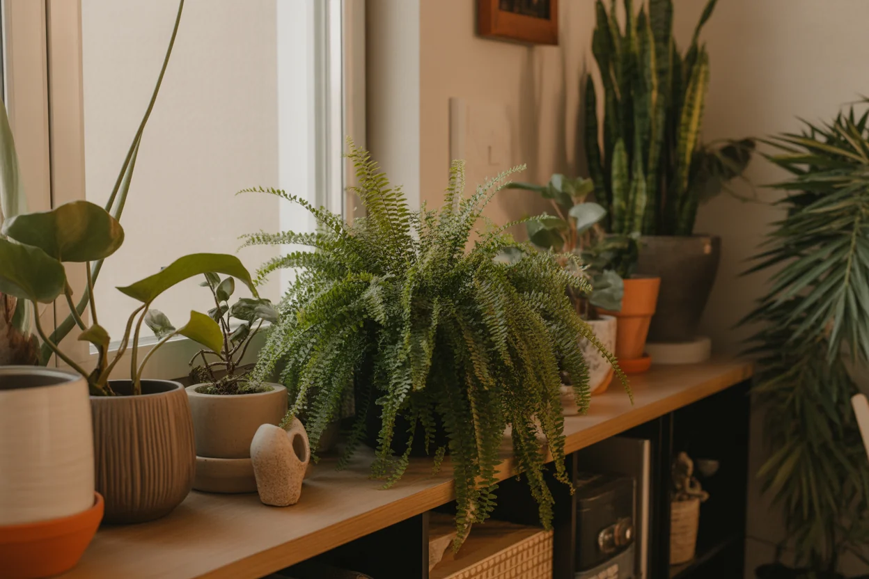 Close view of Boston Fern fronds showing fine leaflets and dense growth