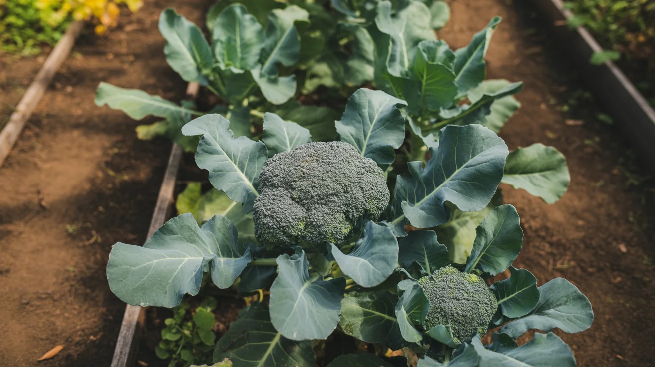 Broccoli plant with a tight green central head growing in a cool-season garden bed