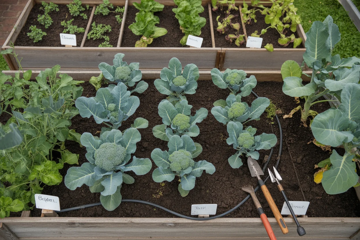 Close view of broccoli head and leaves showing tight flower buds before harvest