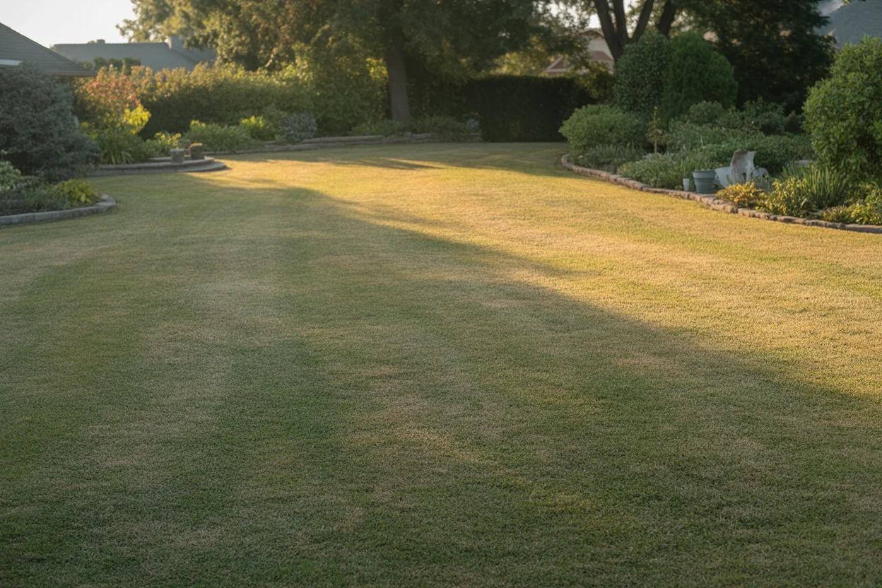 Buffalo grass lawn with green and tan dormant patches beside landscape beds