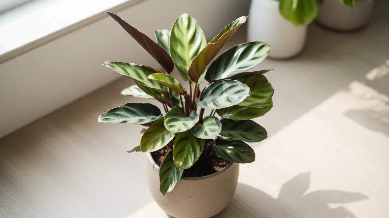 Calathea with patterned leaves held upright in bright indirect indoor light