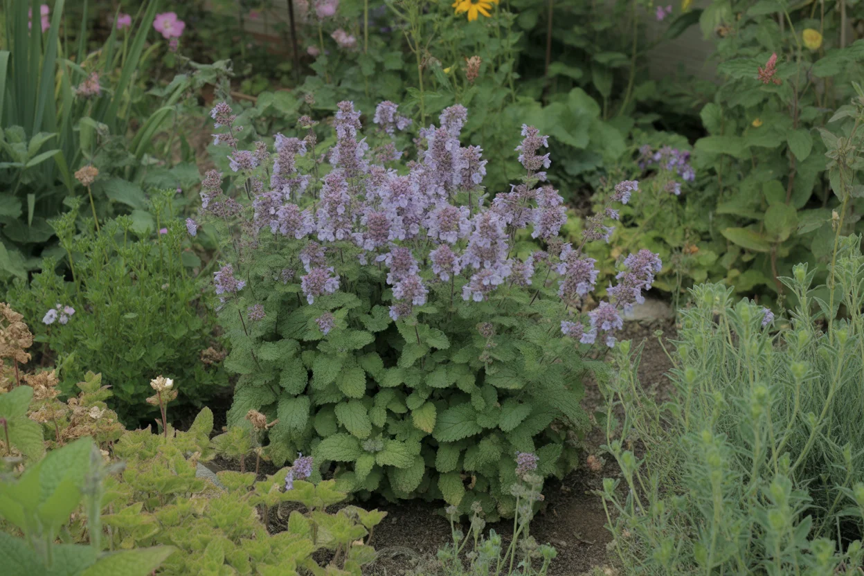 Catmint mounds after shearing beside other drought-tolerant perennials.