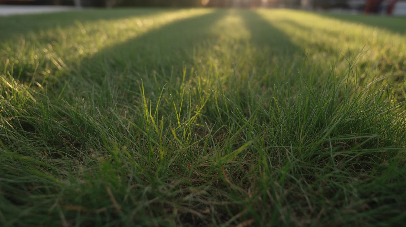 Close view of centipede grass blades in a sunlit lawn.