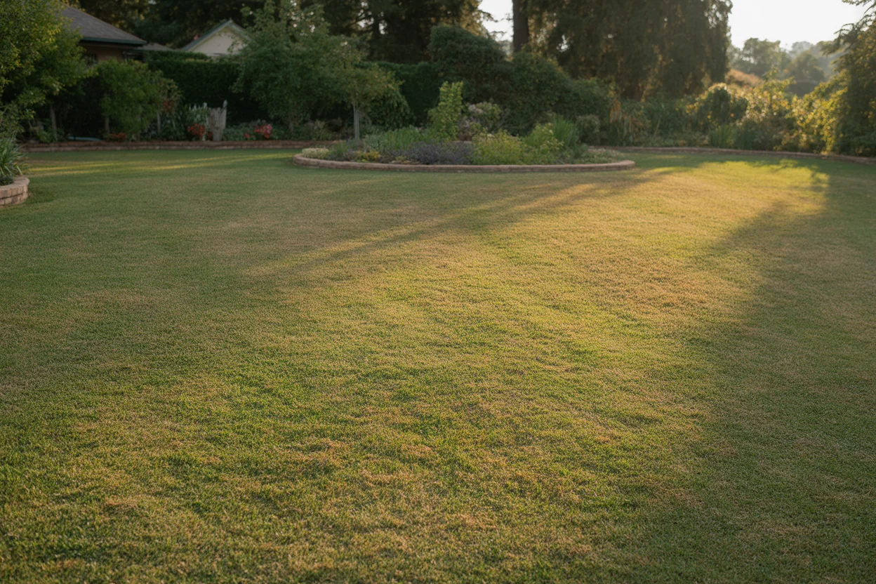 Centipede grass lawn beside curved garden beds in warm afternoon light.