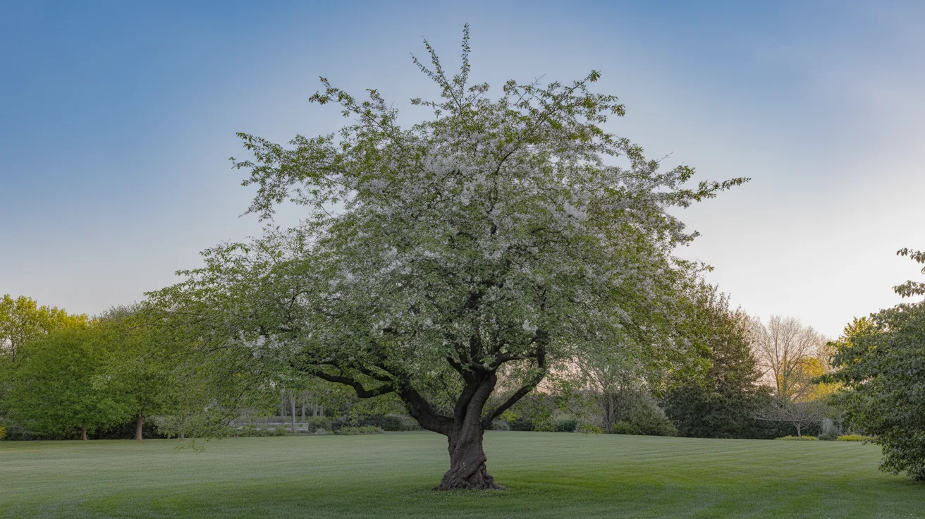 Ornamental cherry blossom tree covered in pale pink spring flowers in a front-yard lawn