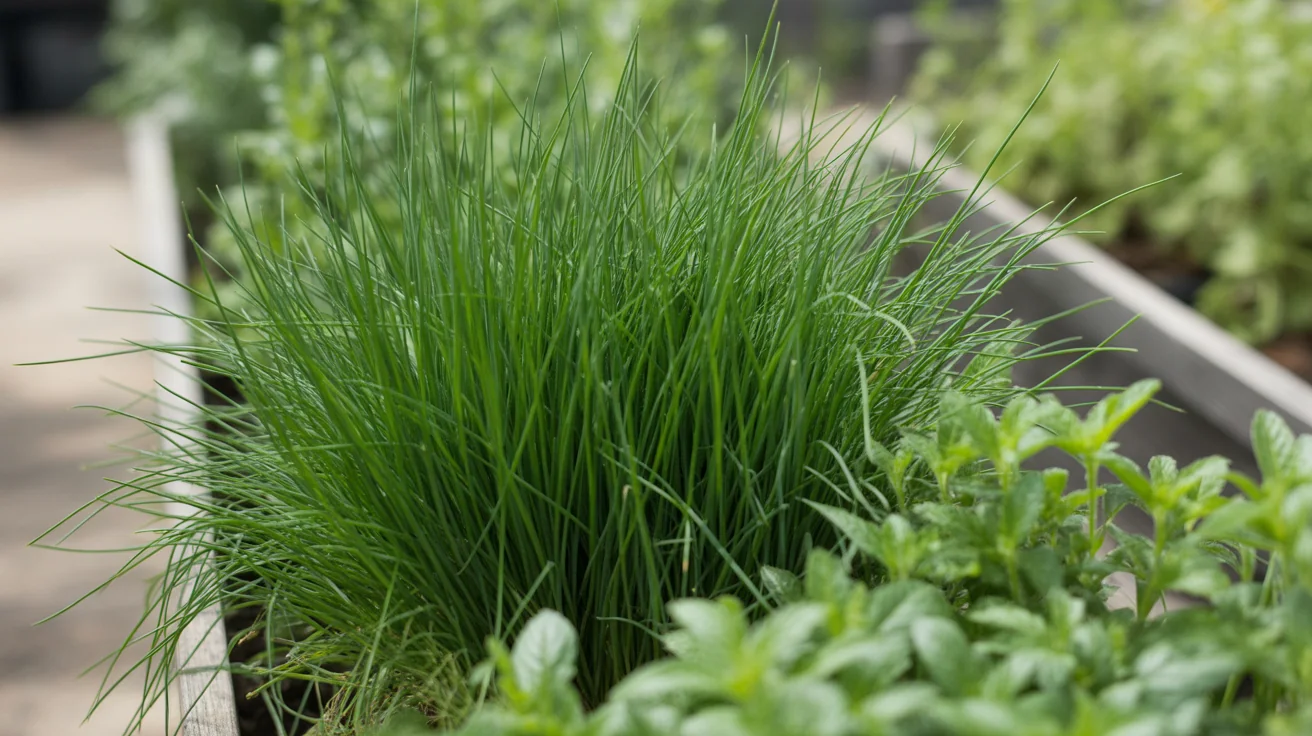 Dense clump of chives with upright hollow green leaves growing in a raised herb bed