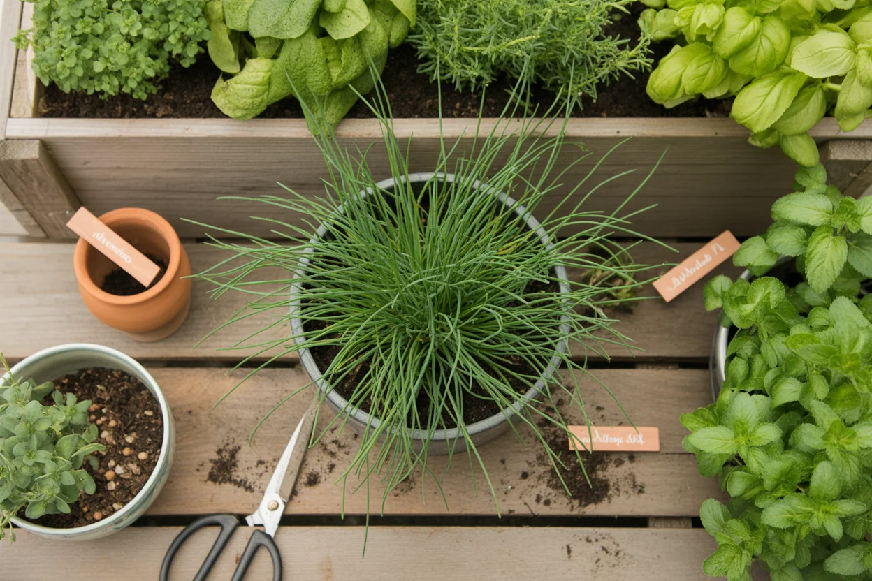 Potted chives with long narrow leaves beside herb beds, plant labels, soil, and garden shears