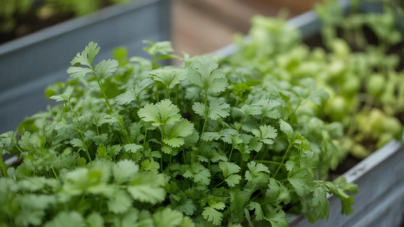 Cilantro plants with flat green leaves growing thickly in a raised herb bed