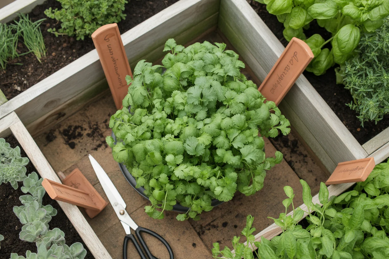 Potted cilantro surrounded by labeled herb beds, basil, thyme, soil, and harvest shears
