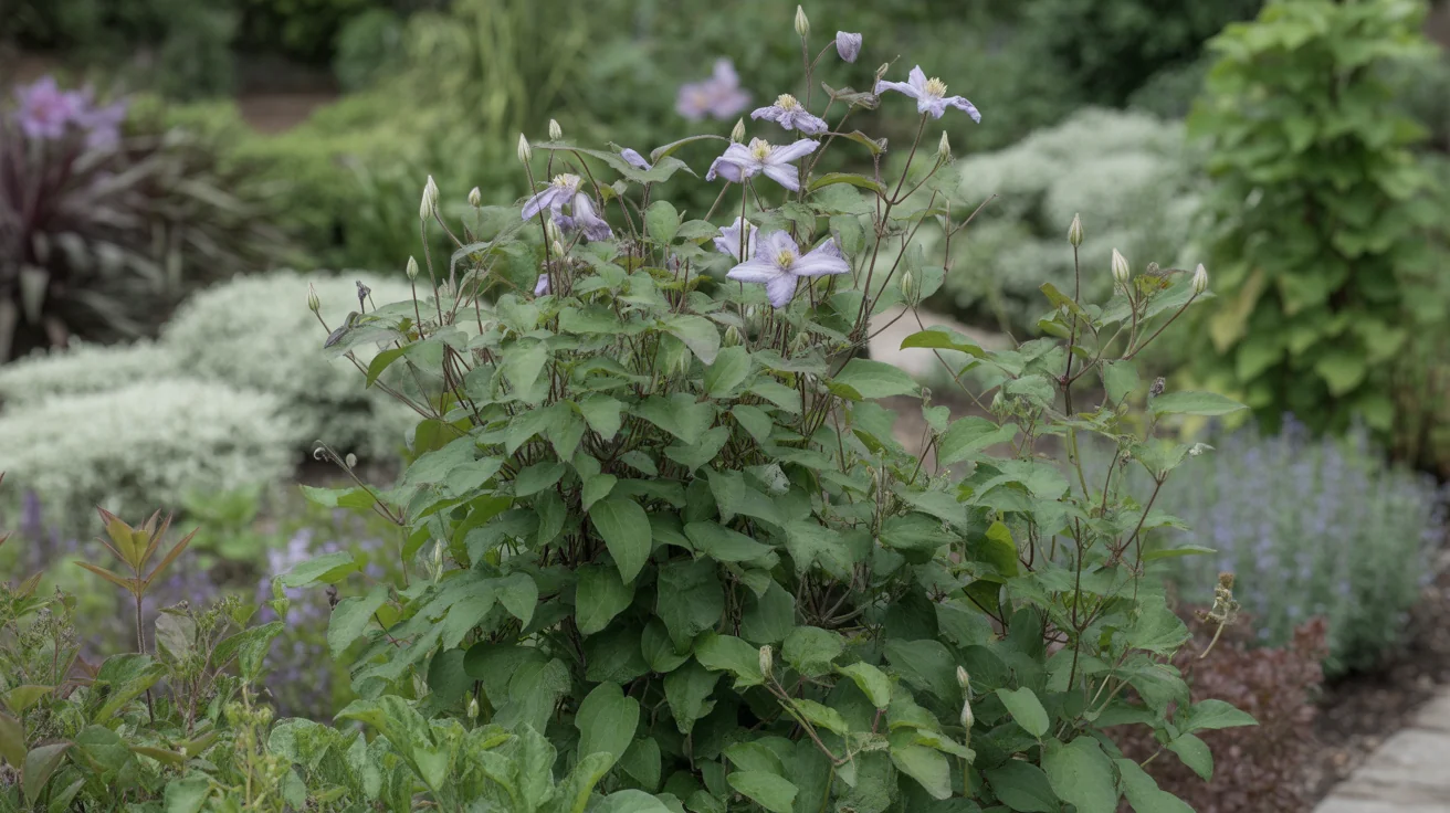Clematis vine flowering on a narrow trellis with shaded planting soil below.