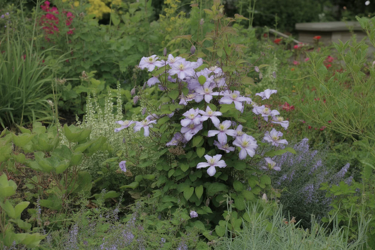 Clematis stems trained on a fence support with mulch shading the root zone.