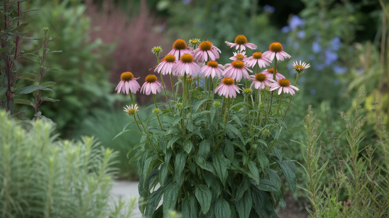 Purple coneflowers with raised orange cones blooming in a sunny pollinator bed.