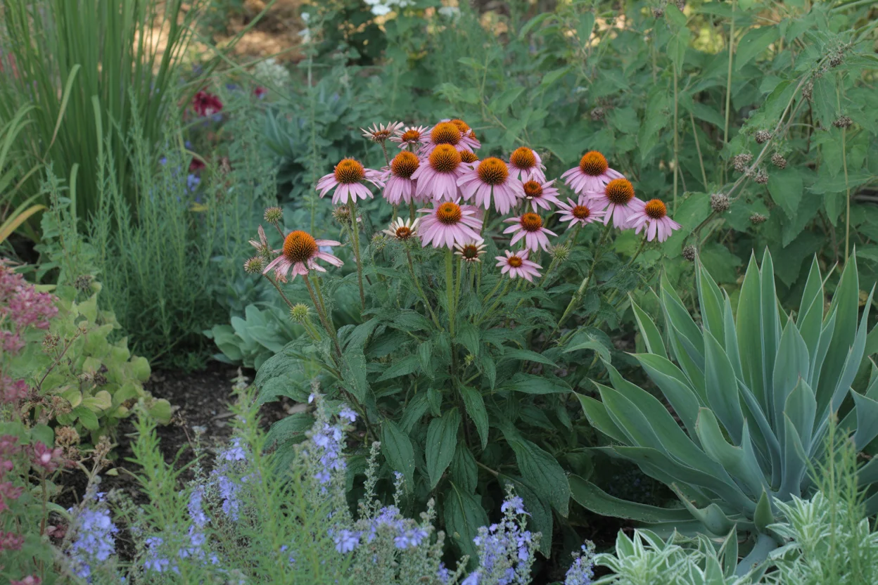 Coneflower seed heads left standing for birds after summer bloom.