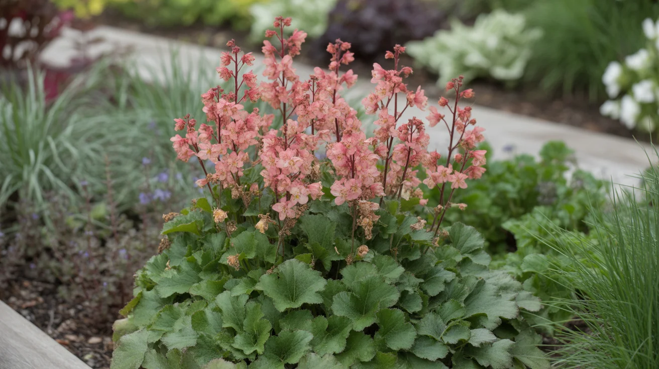 Coral Bells foliage in mixed burgundy and lime colors along a shaded garden edge.