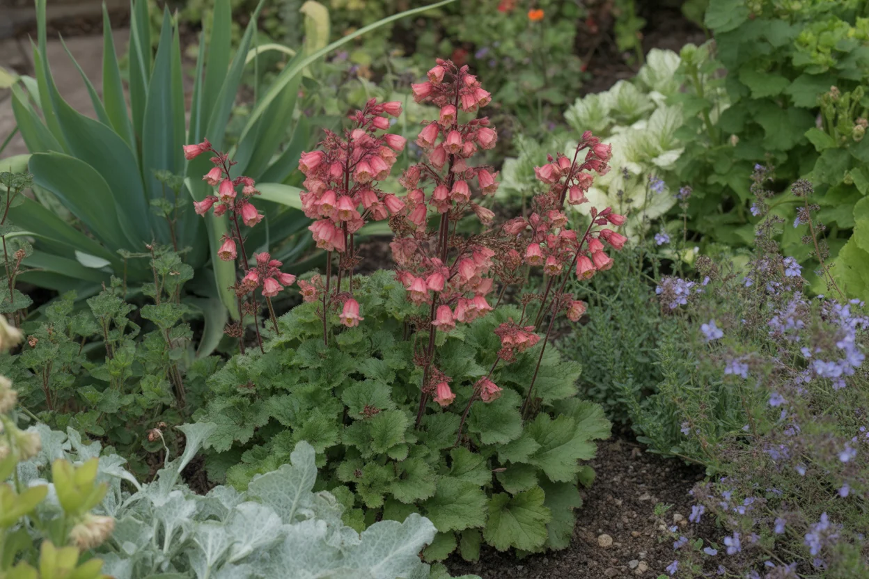 Close view of Coral Bells crown and colorful leaves in well-drained mulch.
