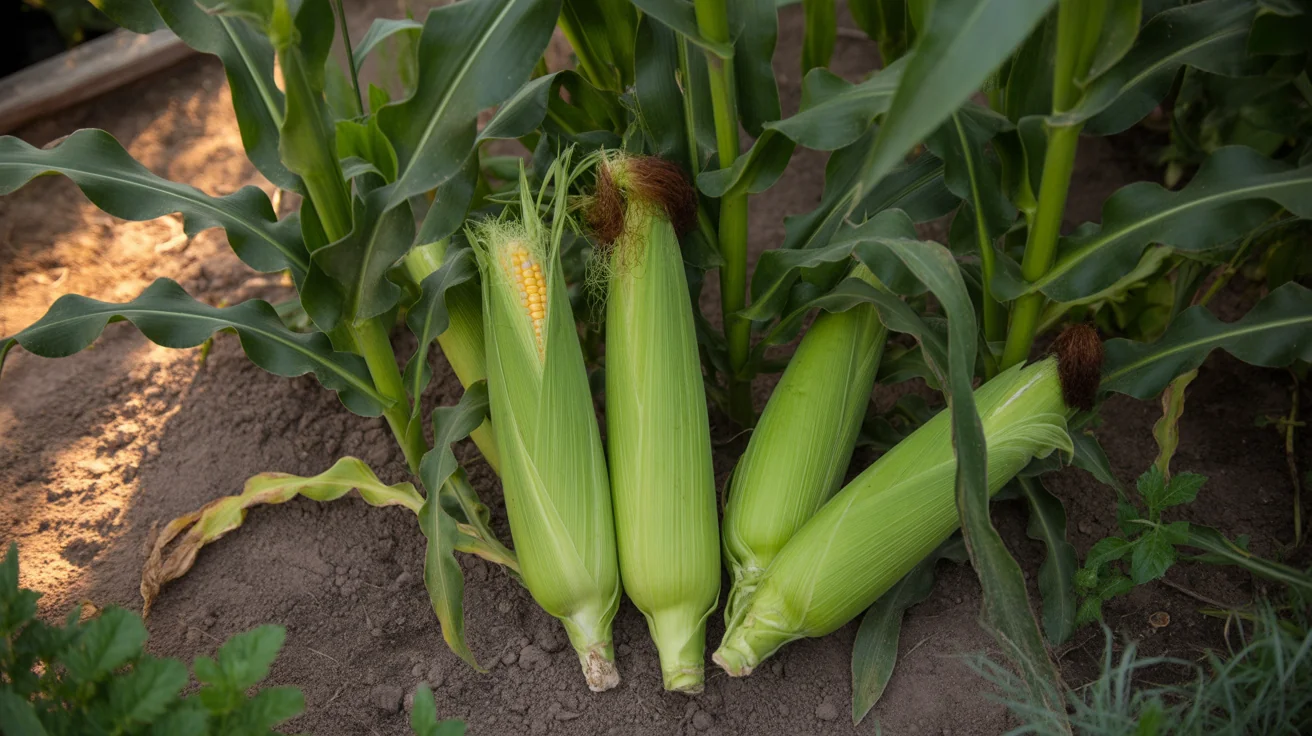Backyard block of sweet corn with tassels above tall green stalks