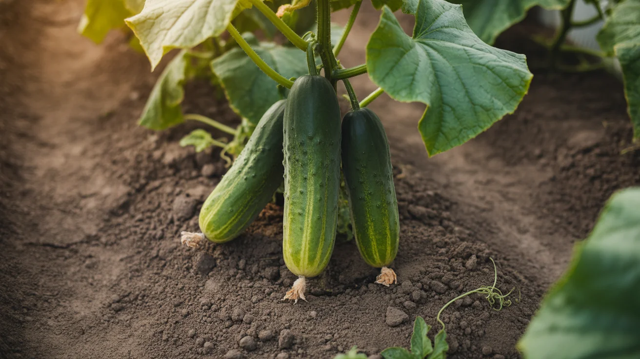 Cucumber vines climbing a trellis with yellow flowers and hanging green fruit