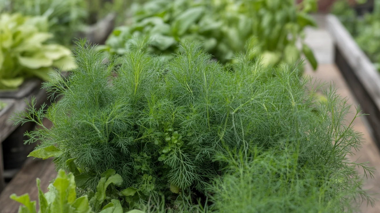 Feathery dill foliage growing thickly in a sunny garden bed