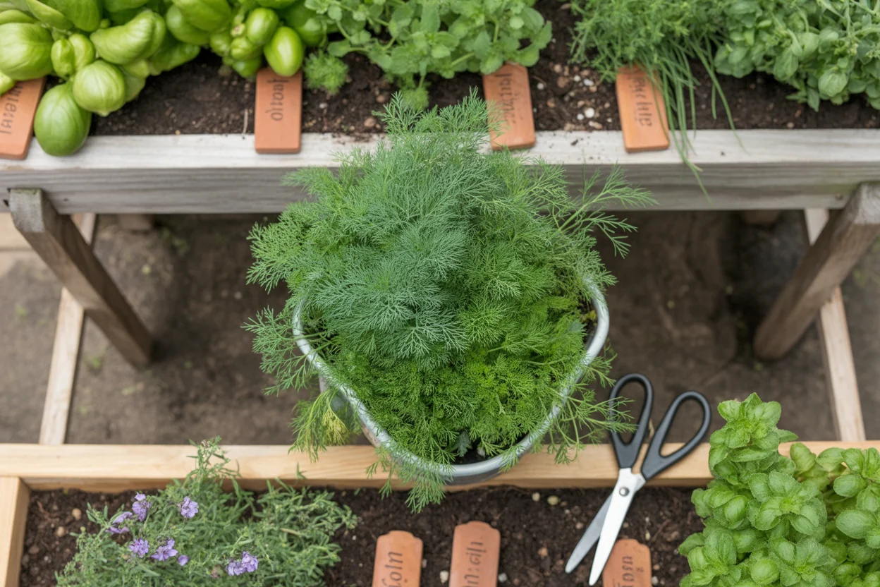 Potted dill ready for cutting beside labeled herb plants in a raised bed