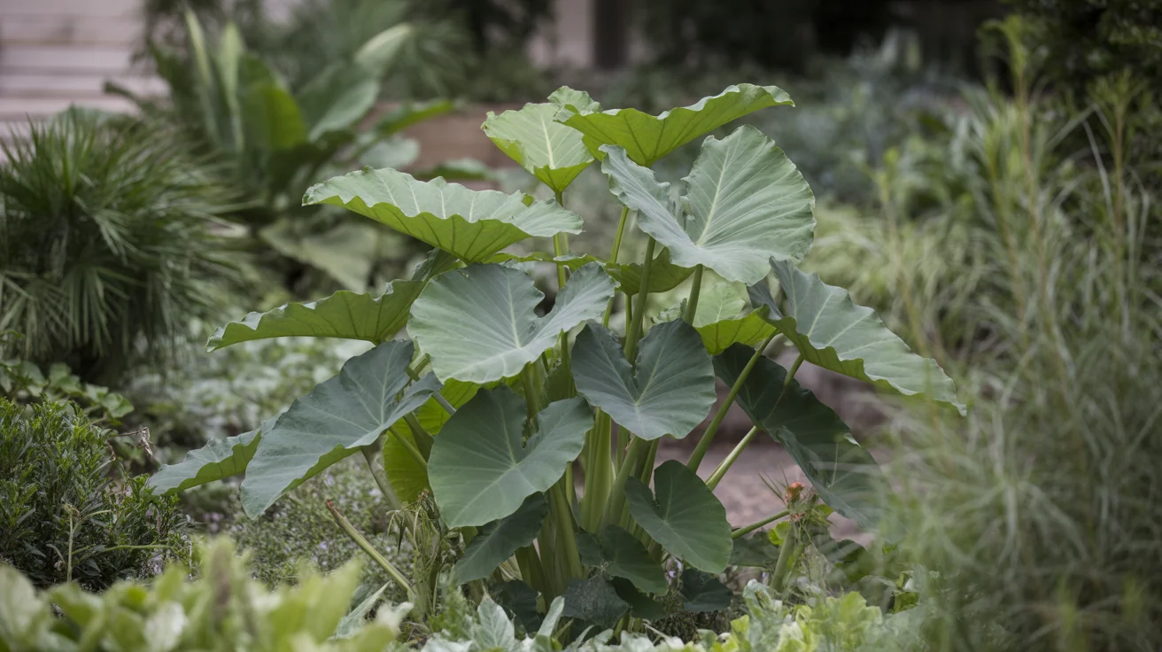 Large Elephant Ear leaves rising from a moist tropical-style garden bed