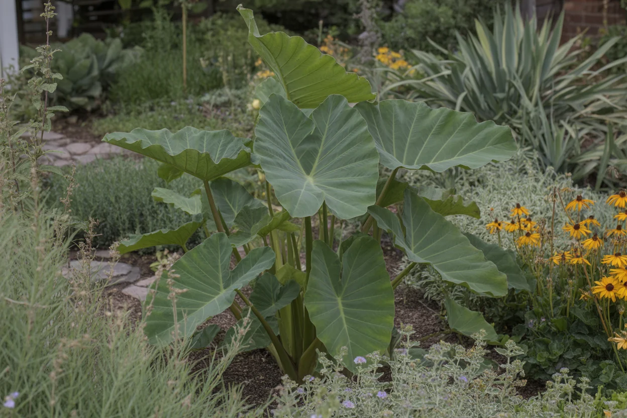 Close view of Elephant Ear leaf stems emerging from damp soil